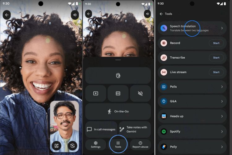 Tangkapan layar cara mengaktifkan fitur Speech Translation di aplikasi Google Meet. 