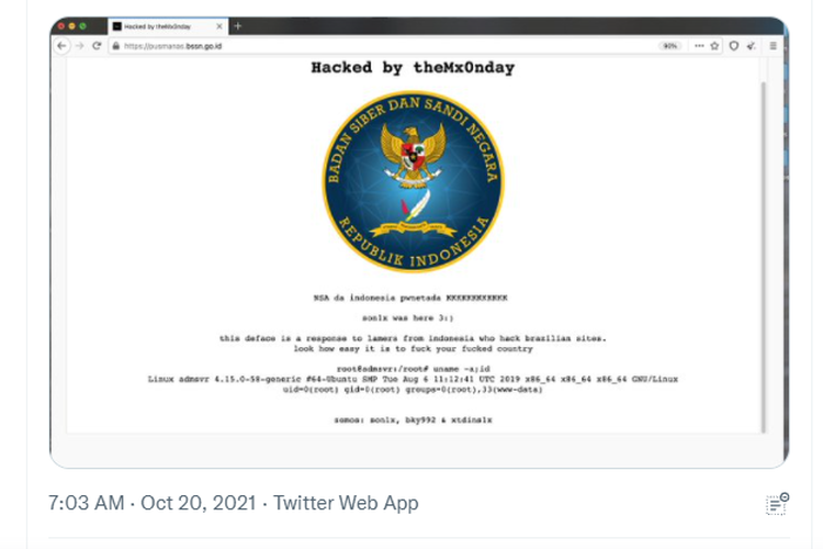 Tangkapan layar situs web Badan Siber dan Sandi Negara (BSSN) saat diduga diretas. 