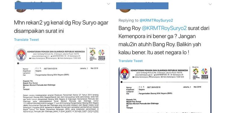 Tangkapan layar warganet yang membicarakan surat Kementerian Pemuda dan Olahraga tentang pengembalian Barang Milik Negara yang ditujukan kepada Mantan Menpora, Roy Suryo.