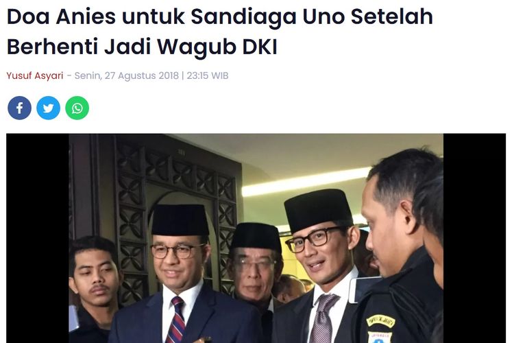Tangkapan layar foto Sandiaga Uno dan Anies Baswedan di Jawa Pos