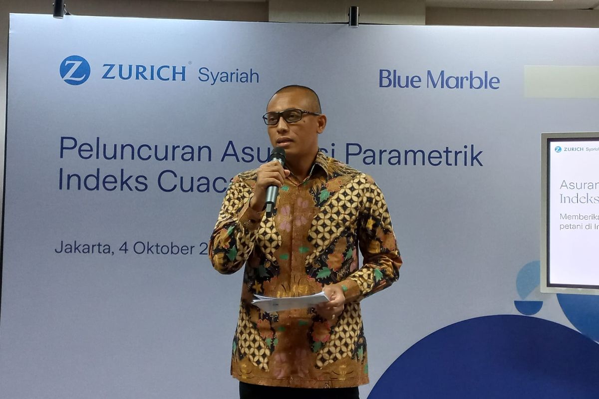 Presiden Direktur Zurich Syariah Hilman Simanjuntak dalam konferensi pers, Selasa (4/10/2022). Zurich Syariah meluncurkan produk Asuransi Perlindungan Cuaca untuk petani.