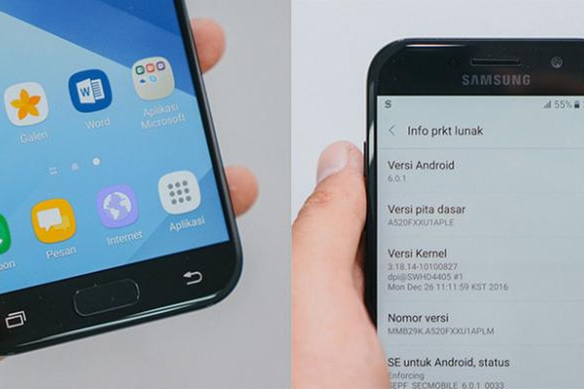 Samsung menyematkan pemindai sidik jari di tombol home Galaxy A5 (2017). Fungsi recent apps dan back diwakili oleh sepasang soft button yang mengapit tombol home (foto kiri). Dua softbutton ini memiliki backlight yang akan menyala singkat begitu menerima input pengguna. Sistem operasi yang digunakan adalah Android 6.0.1 Marshmallow dengan UI TouchWiz ala Samsung.