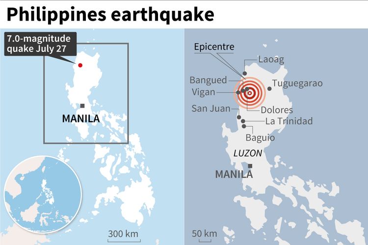 Map locating a 7.0-magnitude quake that struck the northern Philippines on Wednesday, July 27, 2022, showing the affected areas.