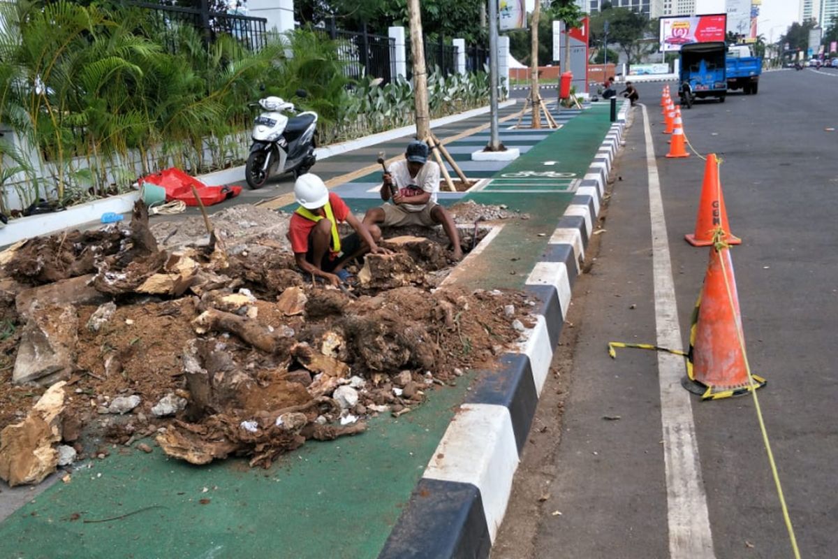 Pekerja PT Adhi Karya tampak menebang sisa-sisa batang pohon yang memakan jalur sepeda di trotoar Jalan Asia Afrika, Jakarta Selatan, Jumat (3/8/2018).