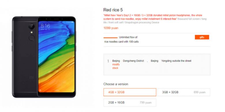 Penampakan Redmi 5 dengan RAM 4GB di toko online Xiaomi di China.