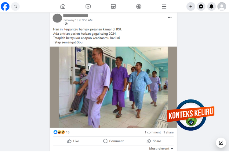 Tangkapan layar konten dengan konteks keliru di sebuah akun Facebook, Rabu (15/2/2024), soal foto barisan caleg yang menjadi pasien RSJ karena gagal dalam Pemilu 2024.