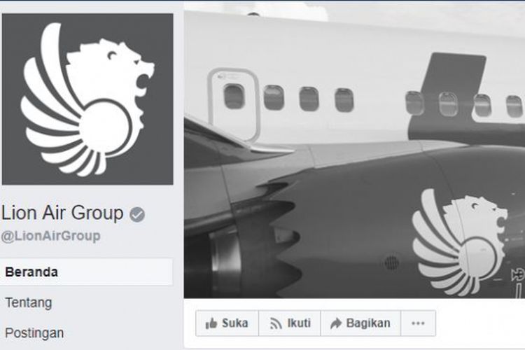 Halaman depan akun Facebook Lain Air Group dihiasi dengan foto bertema kelabu, pasca kecelakaan yang terjadi pada JT610.