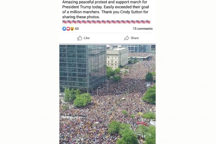 Status Facebook disertai unggahan foto dengan narasi keliru demonstrasi pendukung Trump di Washington, AS, pada 14 November 2020. 