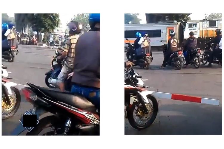 Sebuah unggahan dari video yang memperlihatkan beberapa pengendara sepeda motor yang menerobos palang pintu perlintasan kereta api.