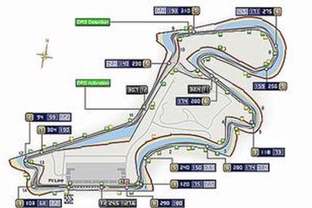 Tanda "hijau" merupakan areal kontrol dan penggunaan DRS
