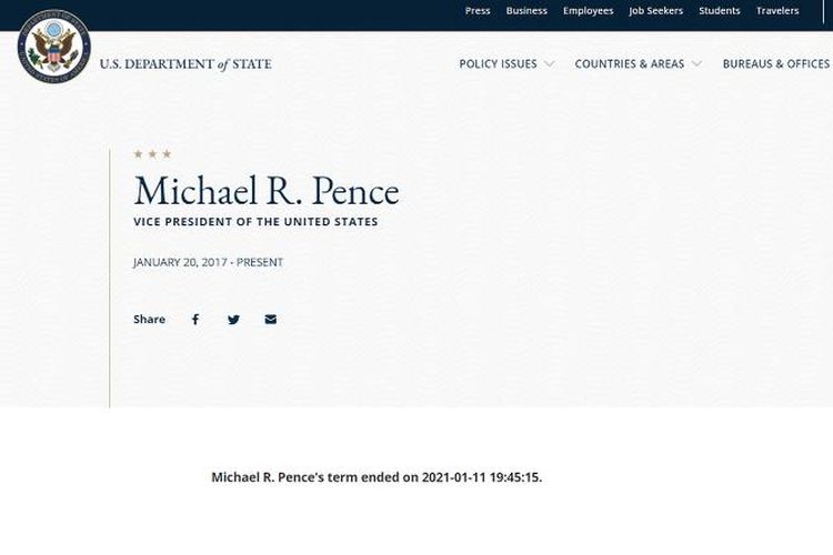 Tangkapan layar dari pengumuman di situs web Kementerian Luar Negeri AS, tentang selesainya masa jabatan Wakil Presiden Amerika Serikat Mike Pence pada Senin 11 Januari 2021 pukul 19.45 waktu setempat. Tak lama kemudian keterangan ini dihapus, dan diduga akibat peretasan atau kesalahan teknis.