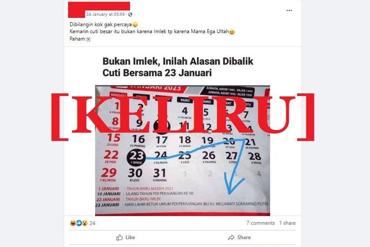 Tangkapan layar Facebook narasi yang menyebut bahwa tanggal 23 Januari 2023 ditetapkan menjadi libur cuti bersama karena untuk memperingati ulang tahun Megawati Soekarnoputri