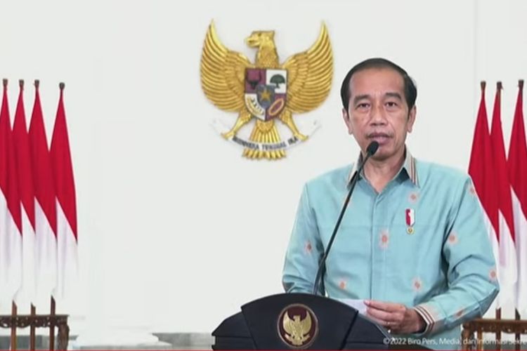 Indonesia's President Joko Widodo delivers his televised message from the Presidential Palace in Bogor in conjunction with the National Press Day on Wednesday, Feb. 9, 2022. 