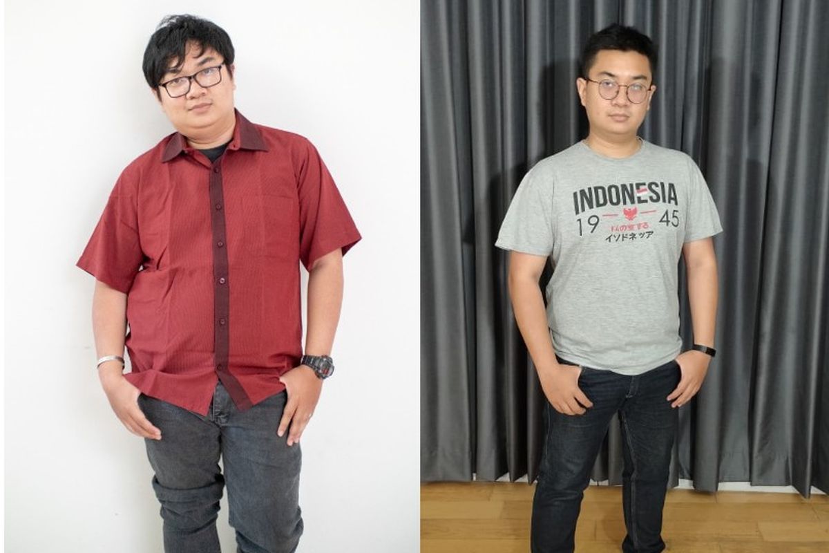 Foto sebelum (kiri) dan sesudah (kanan). Dalam dua bulan, Edwin Surya Pratama (26) berhasil menurunkan bobot 15 kg.