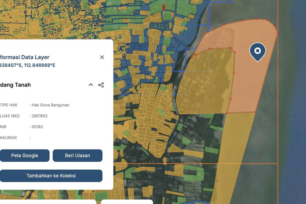 Temuan HGB di atas perairan Surabaya di aplikasi Bhumi ATR/BPN, Selasa (21/1/2025).