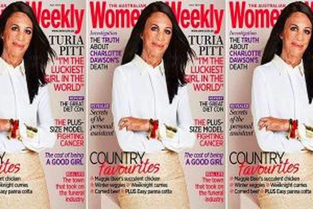 Turia Pitt berpose di sampul majalah Women's Weekly edisi Juli 2014