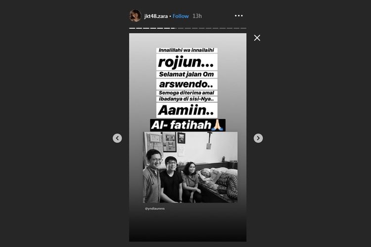 Postingan insta Story Zara JKT48 tentang mendiang Arswendo Atmowiloto.