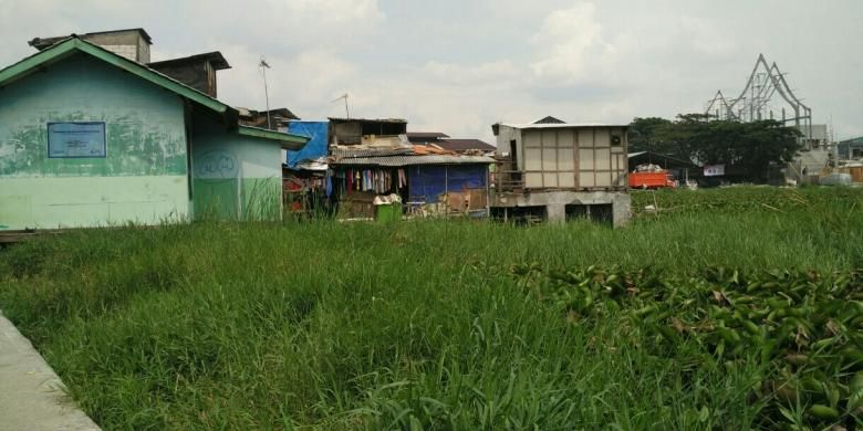 TPU Kapuk Teko, Kelurahan Kapuk, Cengkareng, Jakarta Barat, yang diminta warga Kampung Apung dijadikan lahan pembangunan sekolah tertutupi air dan tanaman eceng gondok serta rumput liar, Senin (9/5/2016).