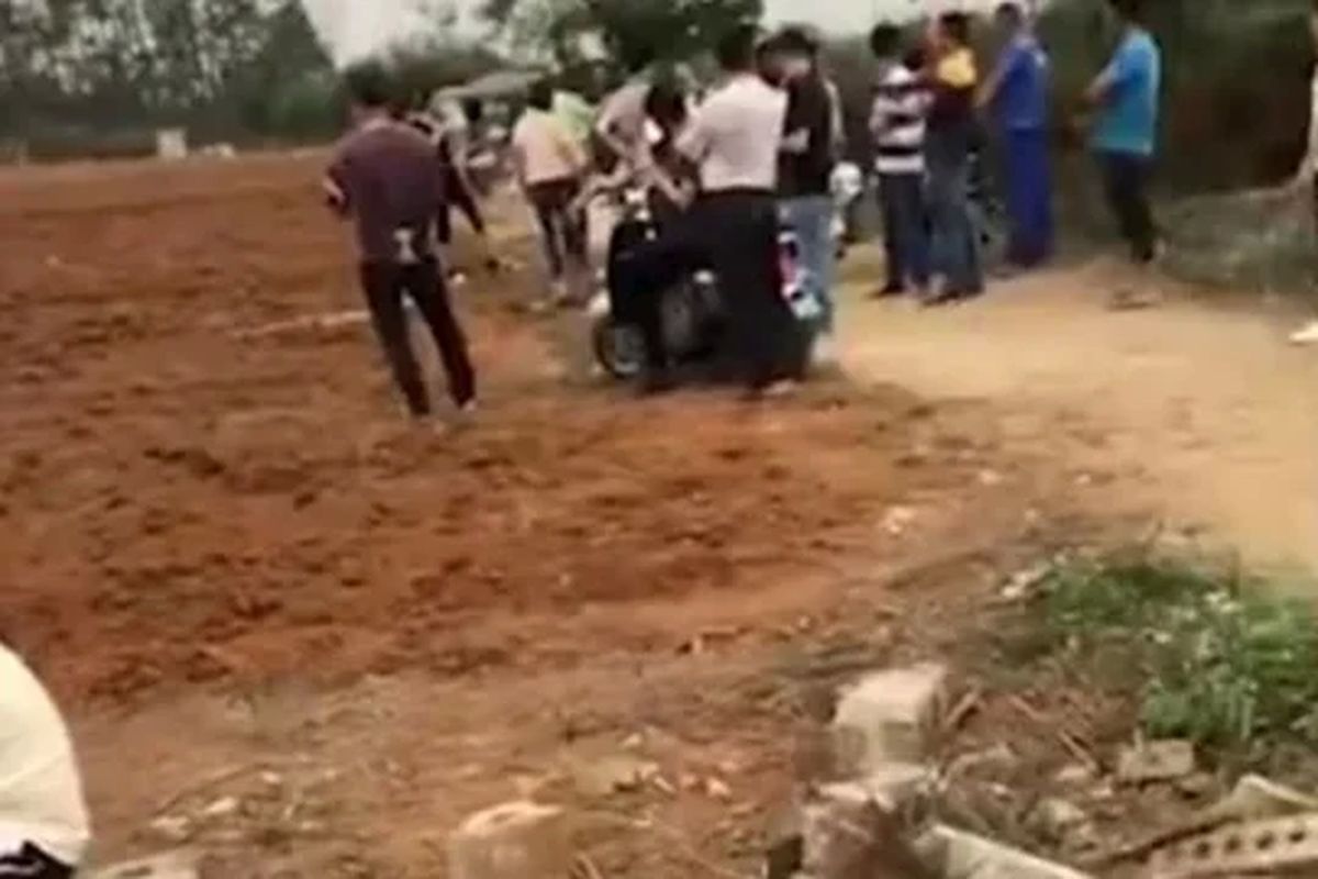 Tangkapan layar dari video Weibo yang memperlihatkan pria di Guangxi, China, kaget melihat makam leluhurnya diubah menjadi ladang tebu.