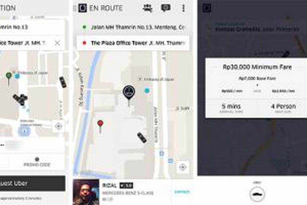 Tampilan aplikasi Uber yang memperlihatkan posisi mobil-mobil sewaan saat pengguna hendak memesan (kiri), layar yang menunjukkan posisi pengemudi yang menanggap pesanan (tengah), serta keterangan biaya dan perkiraan waktu kedatangan mobil 