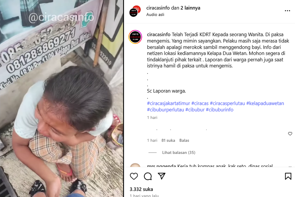 Seorang perempuan menangis tersedu-sedu di tengah jalan, wilayah Kelapa Dua Wetan, Ciracas, Jakarta Timur. Wanita itu diduga mengalami kekerasan setelah menolak mengemis oleh suaminya.