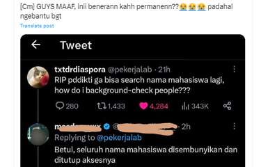 Tangkapan layar unggahan yang menyebut situs PDDikti tak lagi bisa melakukan pencarian nama atau data mahasiswa.