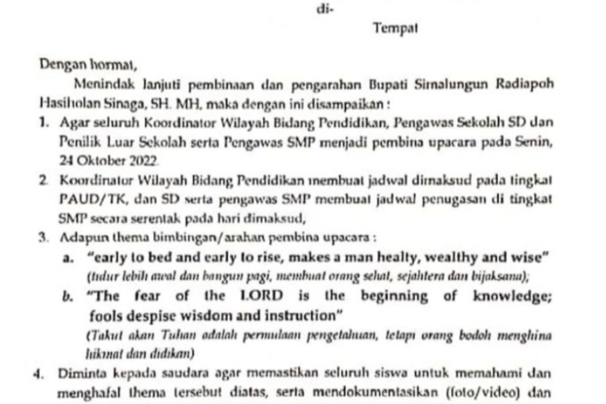 Foto: Surat Edaran Disdik Simalungun 