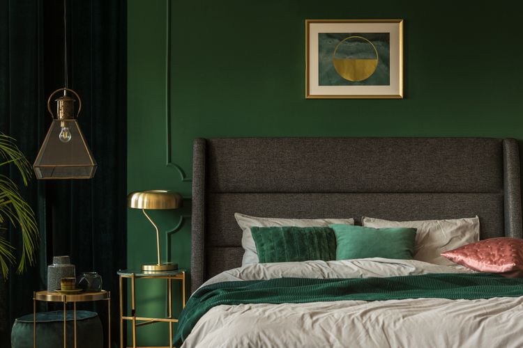 Ilustrasi warna cat kamar tidur hijau tua. 