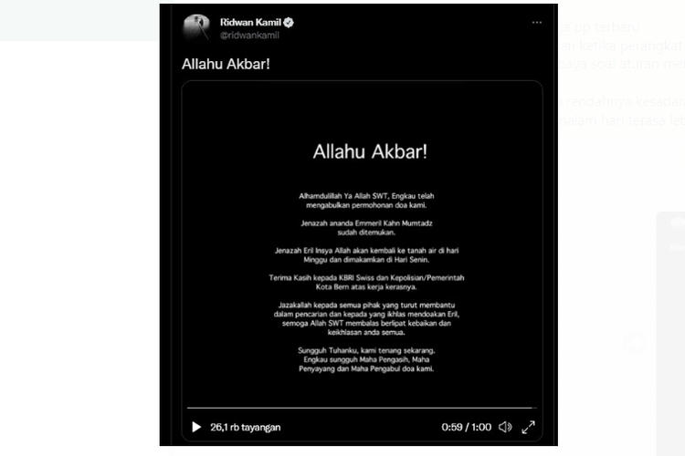 Tangkapan layar unggahan pesan dari Ridwan Kamil mengenai ditemukannya Emmeril Kahn Mumtadz pada Rabu (8/6/2022).