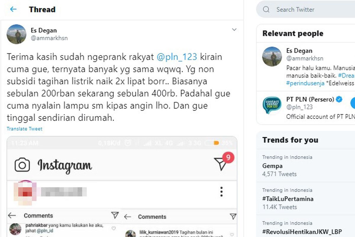 Tangkapan layar dari Twitter yang mengeluhkan tarif listrik yang naik, meski PLN telah membantah adanya kenaikan tersebut.