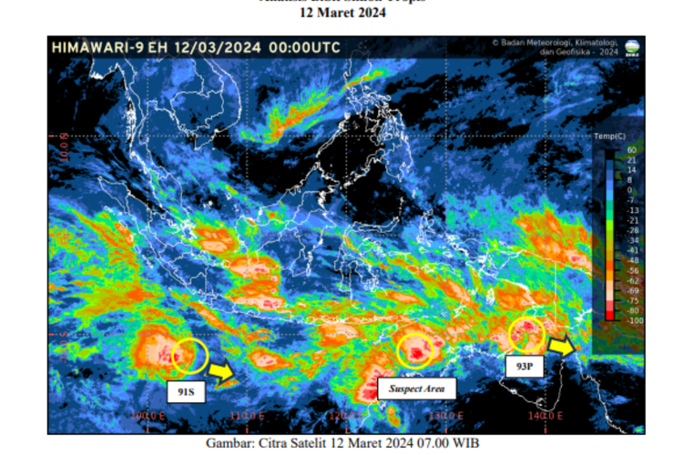 Citra satelit yang menunjukkan kemunculan bibit siklon tropis 91S dan 93P.