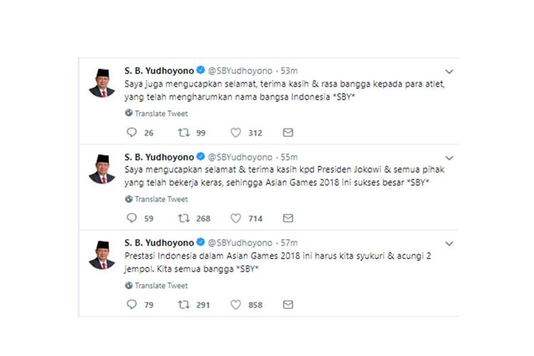 Melalui akun Twitter-nya, SBY mengucapkan terima kasih kepada Presiden Joko Widodo atas kesuksesan Asian Games 2018.