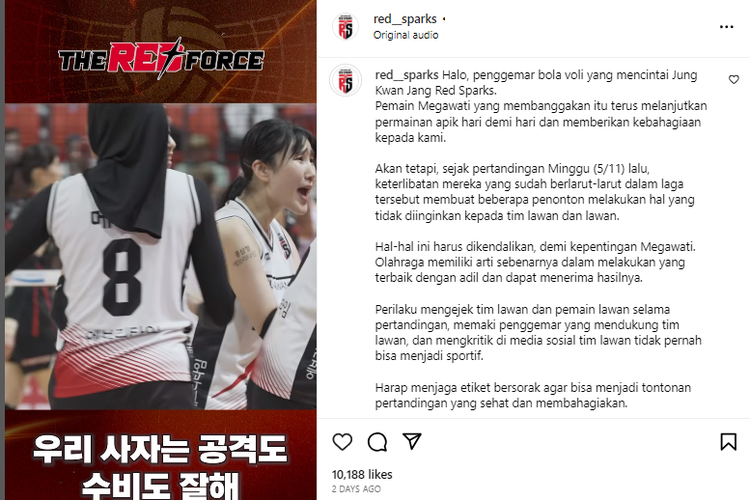 Tangkapan layar peringatan Red Parks untuk suporter Megawati Hangestri di kolom komentar salah satu unggahan Instagram, Selasa (7/11/2023).