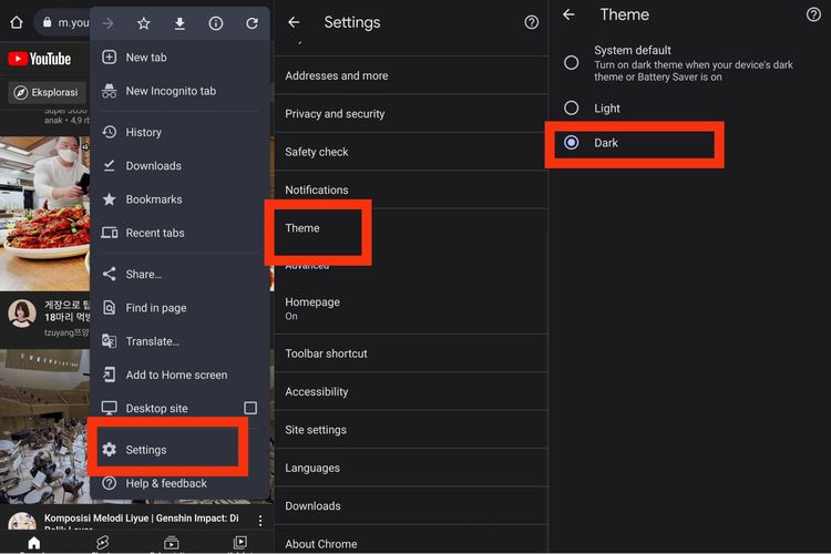 Cara mengaktifkan Dark Mode di Chrome berbasis Android.