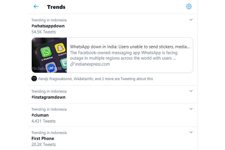 Tangkapan layar tagar #whatsappdown puncaki trending topic Twitter global.