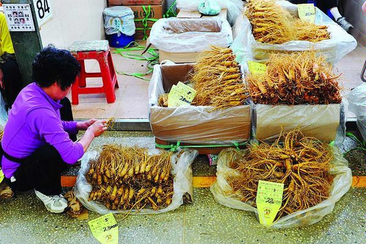 Berbagai jenis akar ginseng dijajakan di salah satu pasar lokal dalam sebuah festival ginseng di Geumsan, sekitar 130 kilometer sebelah selatan Seoul, Korea Selatan, Selasa (18/9). Dana Moneter Internasional (IMF), Jumat (21/9), menurunkan prakiraan pertumbuhan ekonomi Negeri Ginseng itu dari 3,25 persen menjadi 3,00 persen setelah terkena dampak krisis zona euro dan besarnya beban utang rumah tangga.