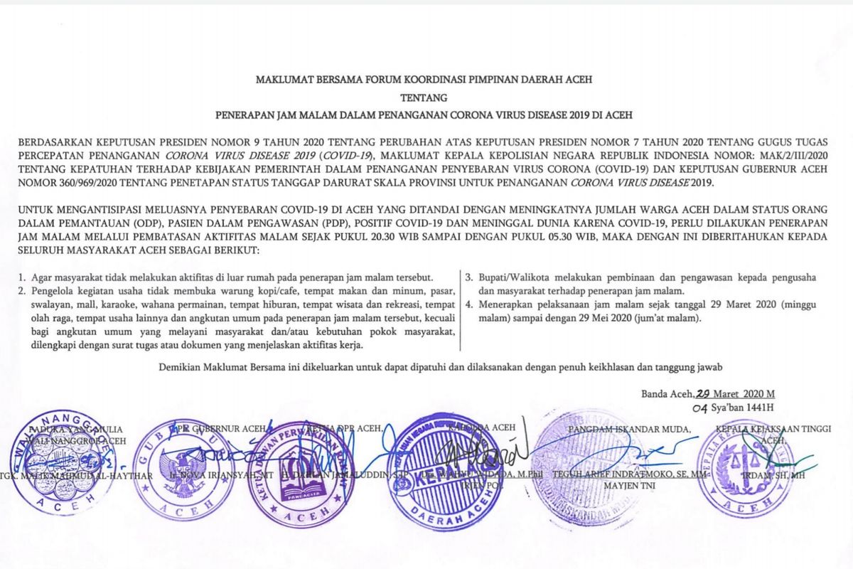 Maklumat bersama pemberlakuan jam malam di Aceh terkait penanganan Corona Virus Disease (Ovid-19) di Aceh, yang ditandatangani bersama Forkopimda Aceh, Minggu (29/3/2020).