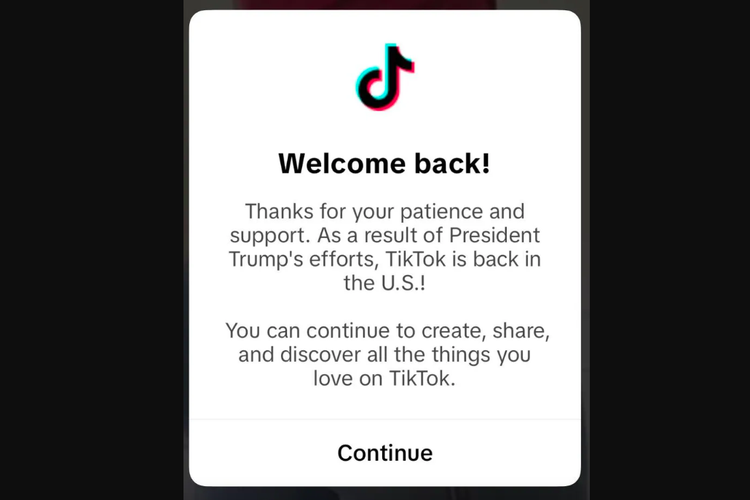 Pesan yang dilihat pengguna TikTok di AS saat layanan kembali beroperasi.