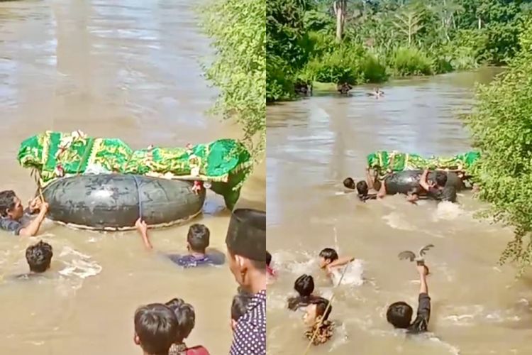 Kolase bidik layar video rekaman warga menyeberangi sungai di Pekon Pemerihan, Kabupaten Pesisir Barat.