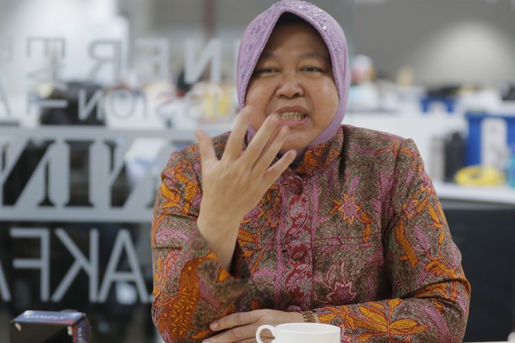 Wali Kota Surabaya Tri Rismaharini, saat berkunjung ke Menara Kompas, Palmerah, Jakarta, Rabu (31/7/2019).