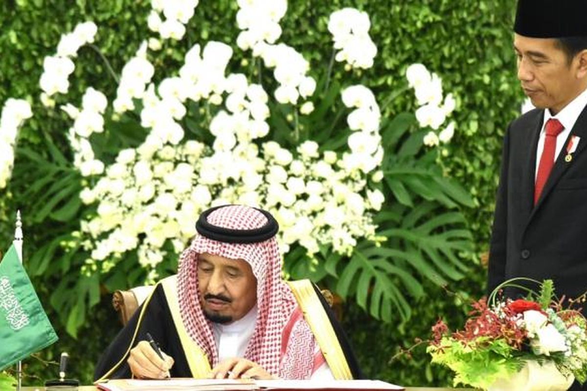 Raja Arab Saudi Salman bin Abdulaziz al-Saud dan Presiden Joko Widodo di Istana Bogor, Rabu (1/3/2017).
