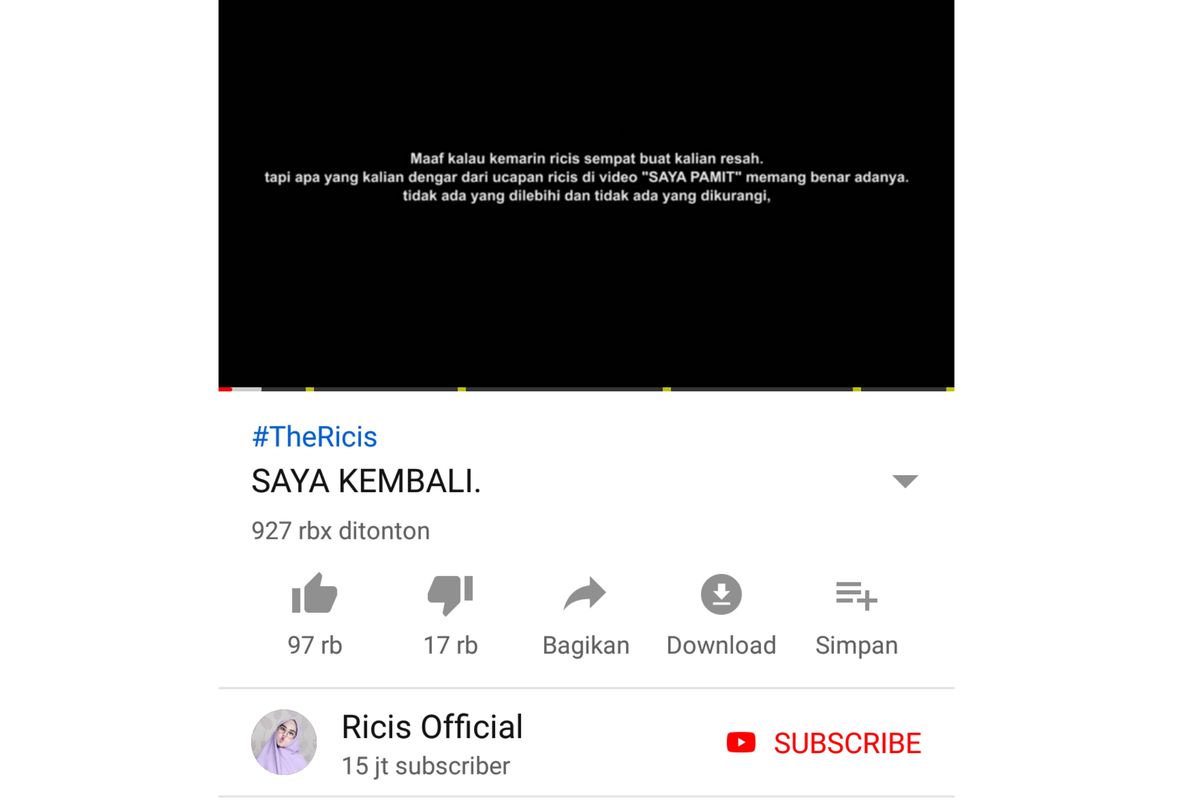 Video berjudul saya kembali yang baru saja dirilis Ria Richis.