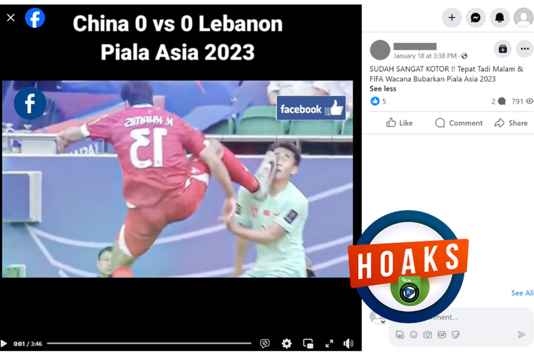 Tangkapan layar konten hoaks di sebuah akun Facebook, 18 Januari 2024, soal FIFA berwacana membubarkan Piala Asia 2023.