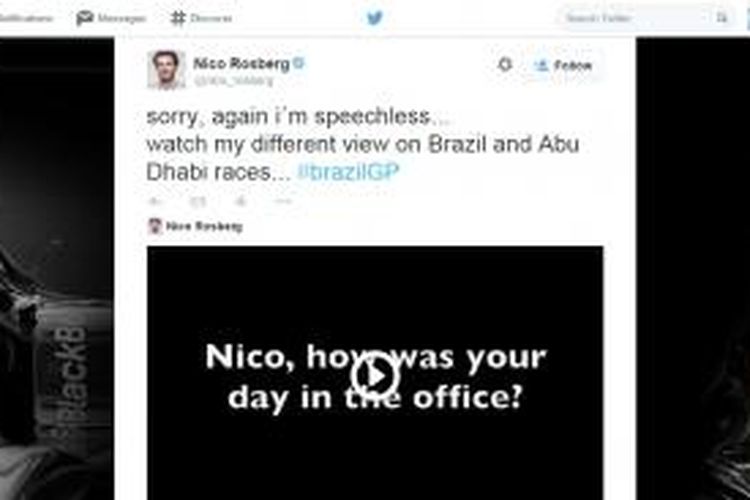 Status Twitter pebalap Mercedes asal Jerman, Nico Rosberg.