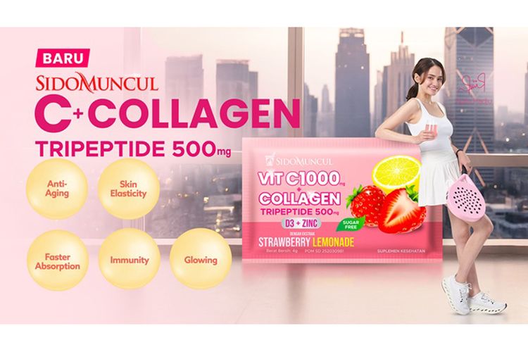 Sido Muncul C+Collagen mengandung collagen tripeptide 500 gr dan vitamin C 1000 mg.