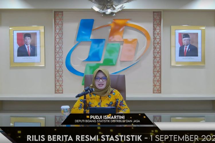 Deputi Bidang Statistik Distribusi dan Jasa BPS Pudji Ismartini dalam konferensi pers, Jumat (1/9/2023) 