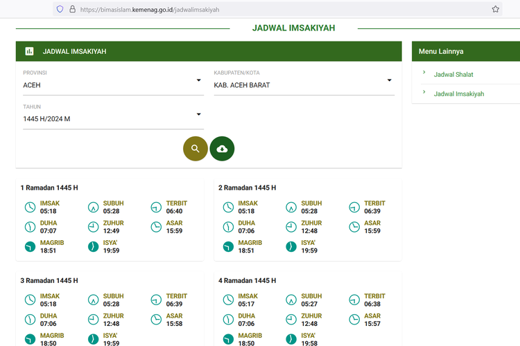 Cara cek jadwal imsakiyah Ramadhan 2024 di situs Kemenag.