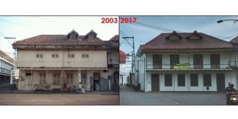 Perbedaan gedung eks percetakan peninggalan kolonial Belanda yang sekarang difungsikan sebagai rumah makan Pringsewu di Kota Tua Semarang. 