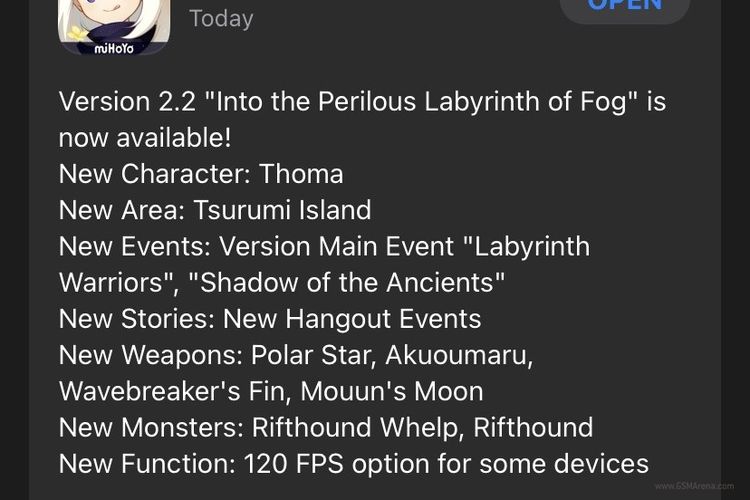 Keterangan fitur-fitur baru yang hadir di pembaruan Genshin Impact versi 2.2, salah satunya mencakup dukungan 120 fps untuk sejumlah perangkat iOS tertentu.