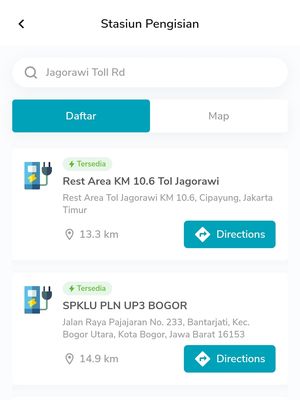 Tampilan layar PLN mobile untuk mencari lokasi SPKLU terdekat selama mudik lebaran